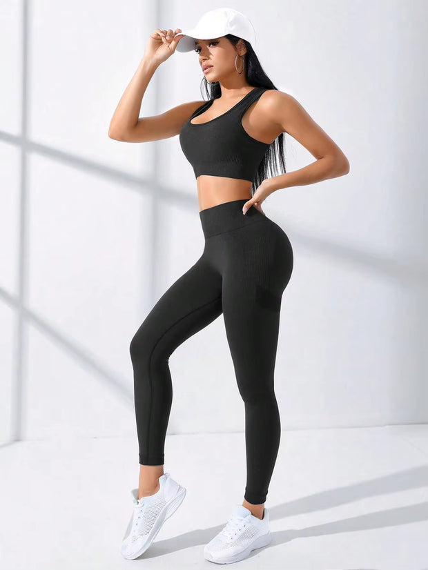 Yoga Basic 2Pcs Seamless High Stretch Yoga Set Tracksuit Gym Set Crisscross Back Cami Hip-Hugging Tummy Control Leggings